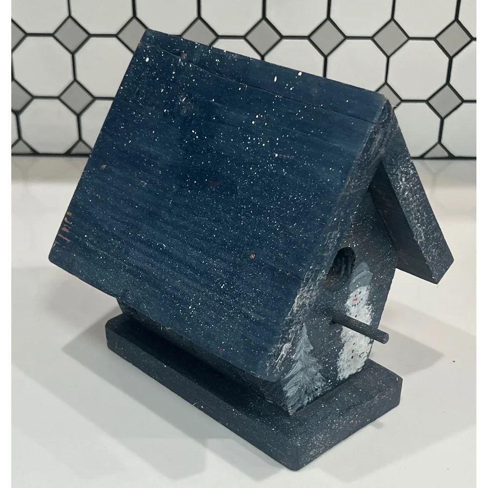 Rustic Wooden Snowman Birdhouse Winter Decorative Hand Painted Blue HolidayHouse